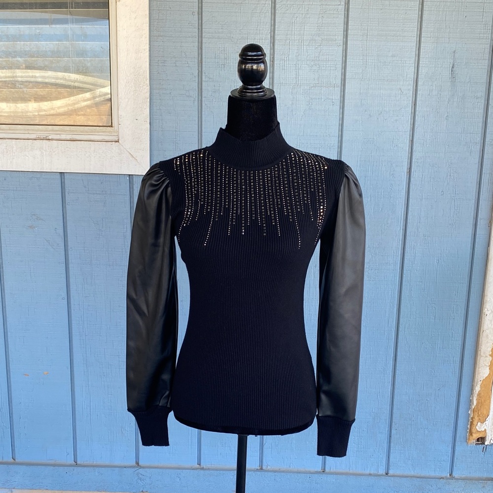Sioni Milano Black Turtleneck Leather Long Sleeve Top